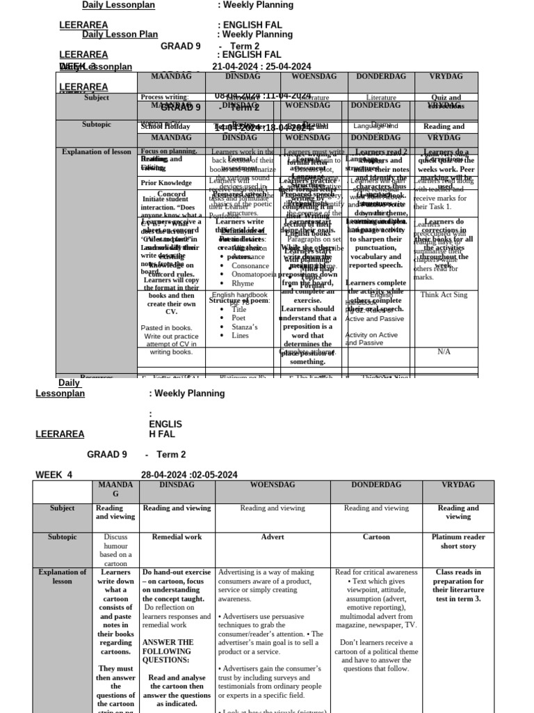 Grade 9 English Term 2 Lesson Plans | PDF | Grammatical Tense | Question