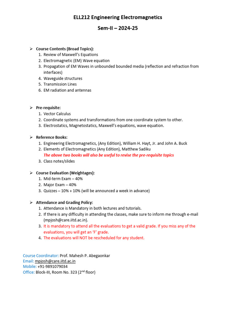 ELL212 Engineering Electromagnetics - Class Plan 2024-25 | PDF