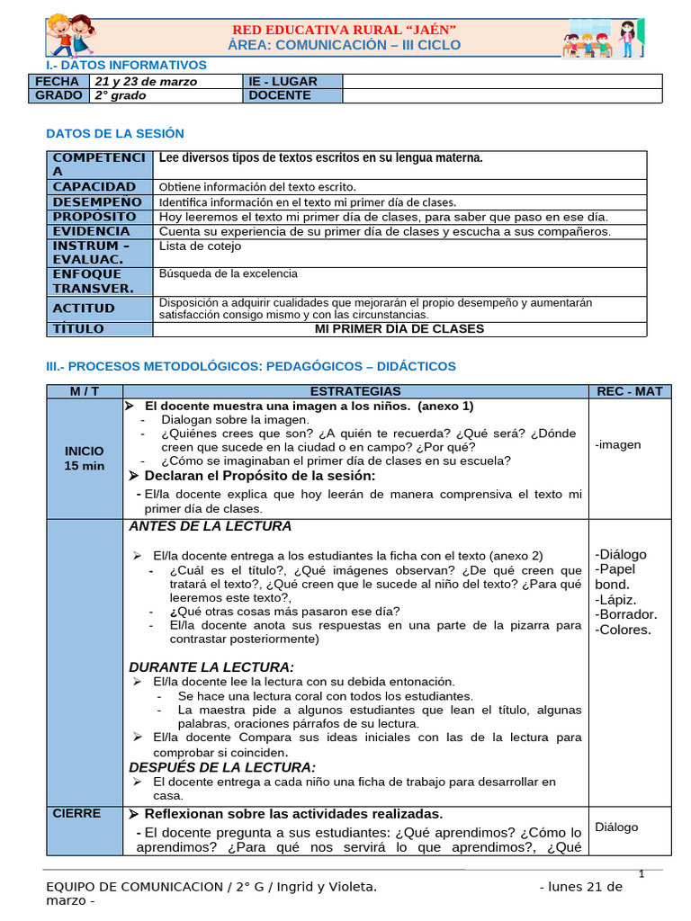 Iii-2g-Comun - Mi Primer Dia de Clases | PDF