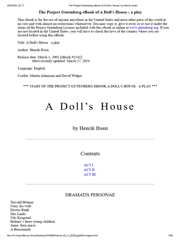 The Project Gutenberg Ebook of A Doll's House, by Henrik Ibsen | PDF ...