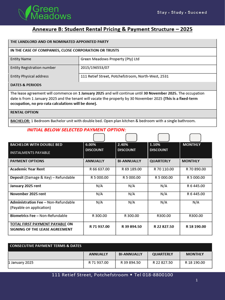 2025 Student Rental Pricing Potchefstroom | PDF | Renting | Lease