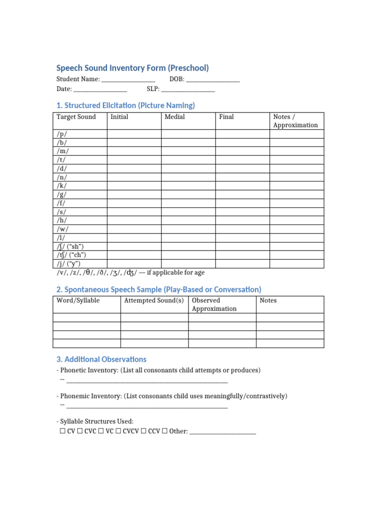 Speech Sound Inventory Preschool | PDF