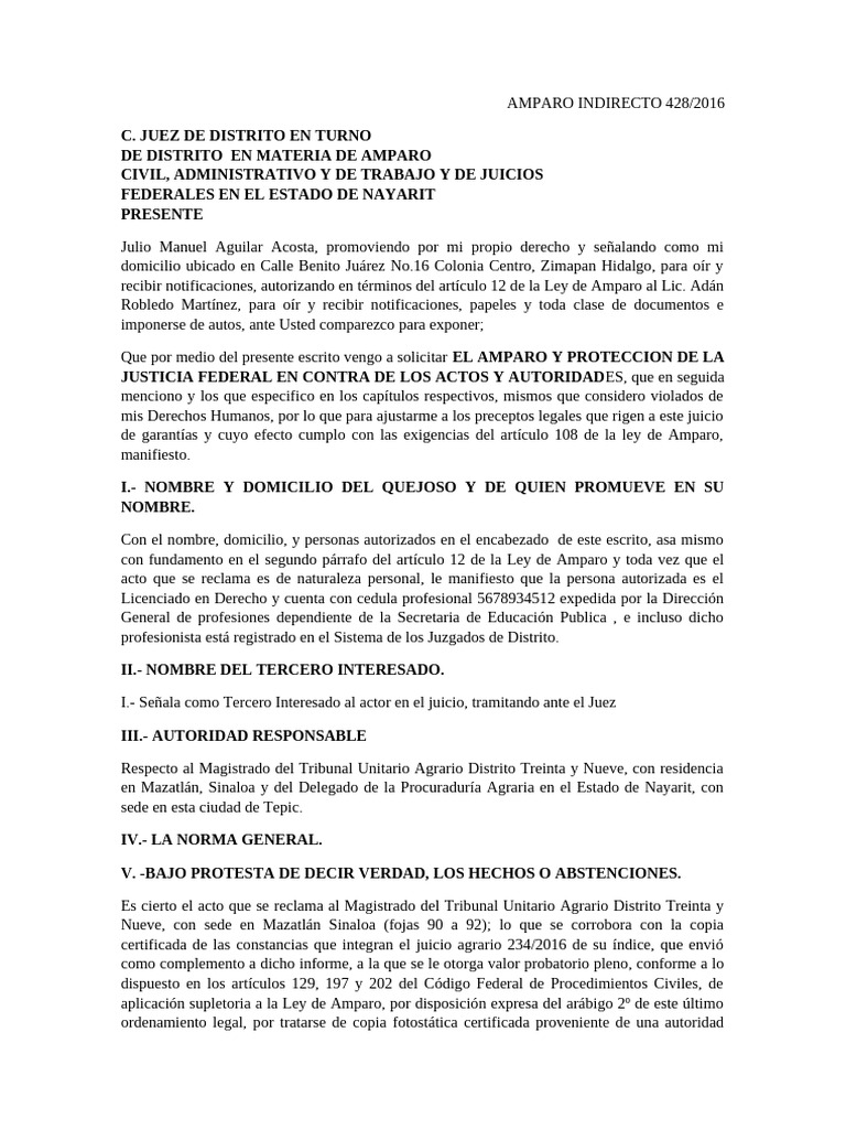 Amparo Indirecto 428/2016: Solicitud y Fundamentos | PDF | Caso de ley ...