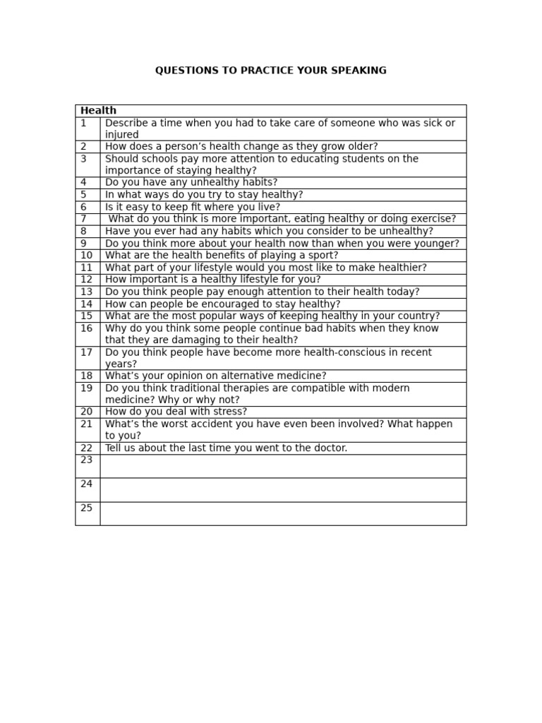Health Speaking Practice Questions | PDF