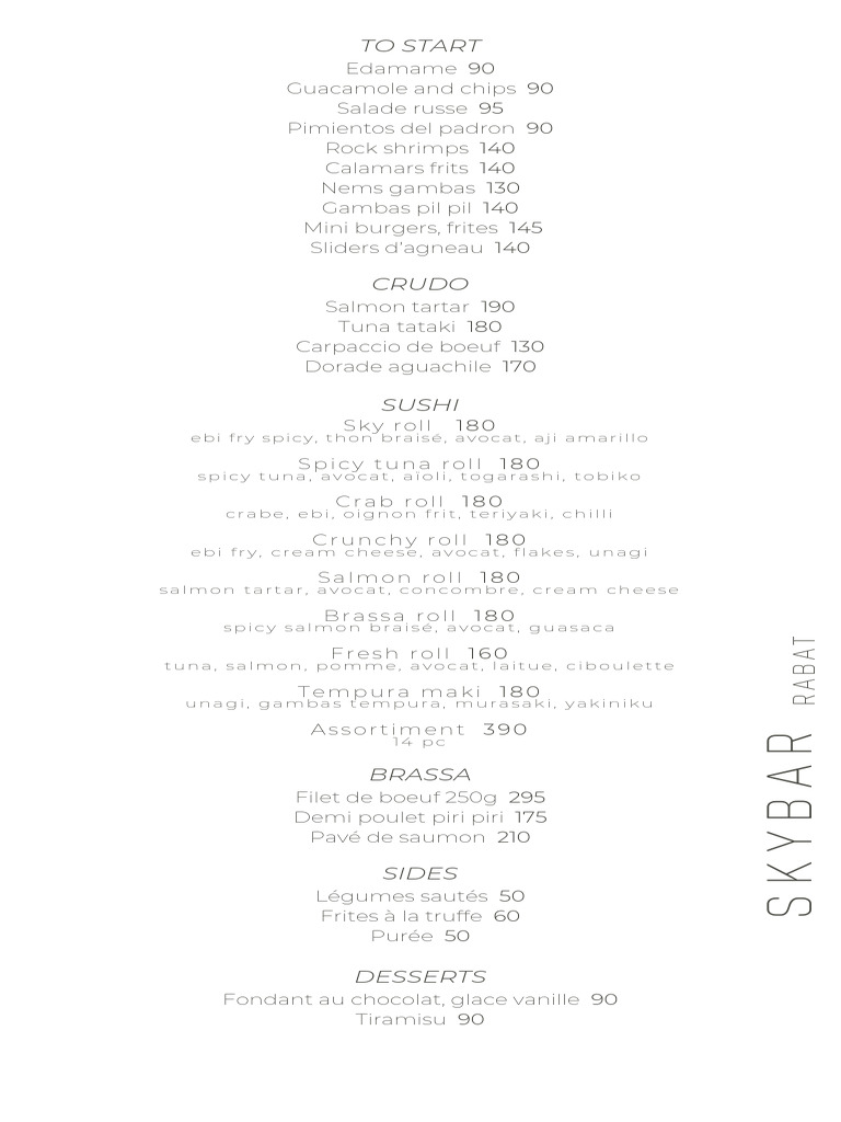 Menu du Skybar à Rabat | PDF