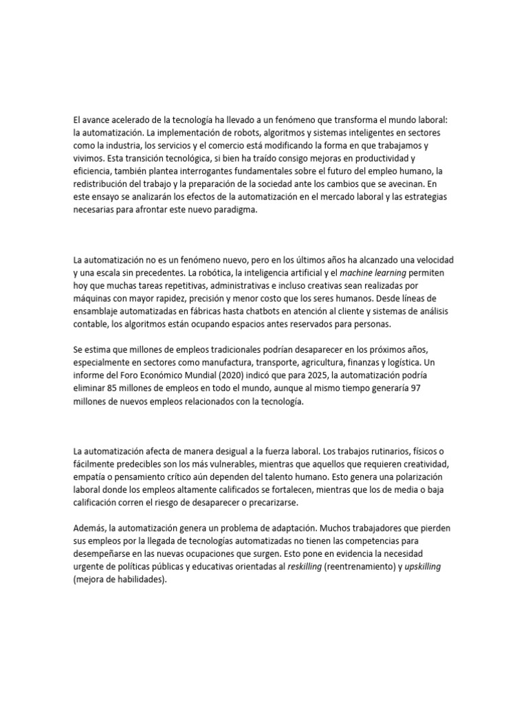 Automatización y Futuro del Empleo Humano | PDF | Empleo | Inteligencia ...