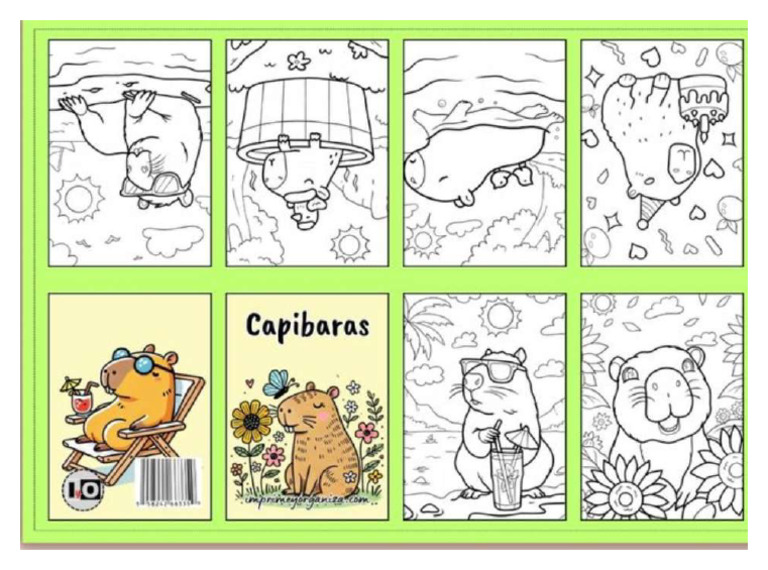 Un librito entero de capibaras para colorear, ¡la fiesta nunca termina!