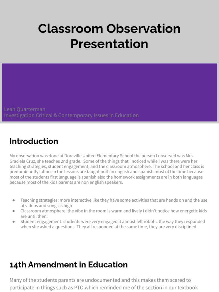 Classroom Observation Presentation | PDF | Classroom | Schools