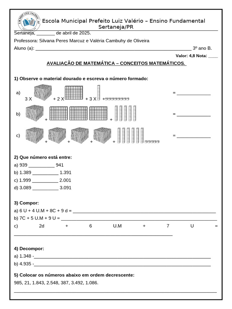 Avaliação de Matemática 3º Ano B | PDF | Matemática