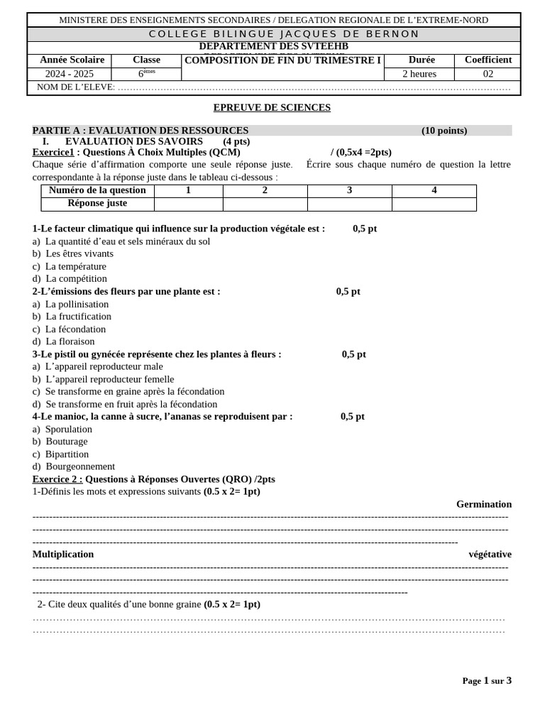 Évaluation des Sciences au Collège 2024-2025 | PDF | Fertilisant | Maïs