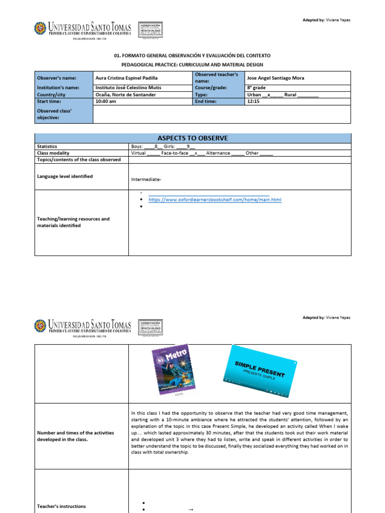 Class Observation Format Curriculum Pdf Teachers Learning