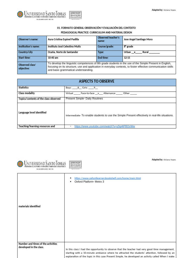 Class Observation Format Curriculum Pdf Teachers Learning