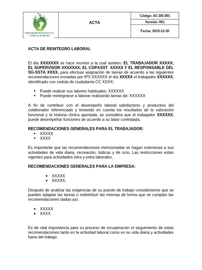 Acta de Reintegro Laboral 2019 | PDF
