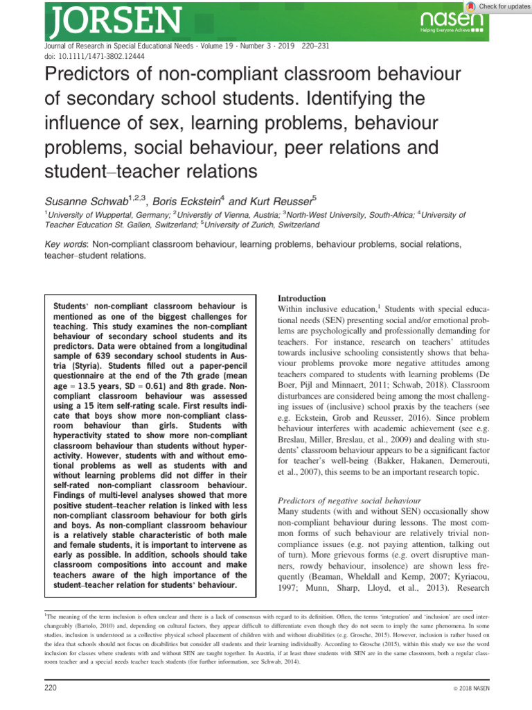 Research in Spec Educ Needs - 2018 - Schwab - Predictors of Non%E2%80 ...