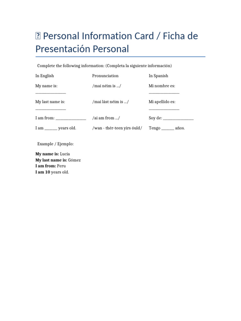 Personal Information Card English | PDF