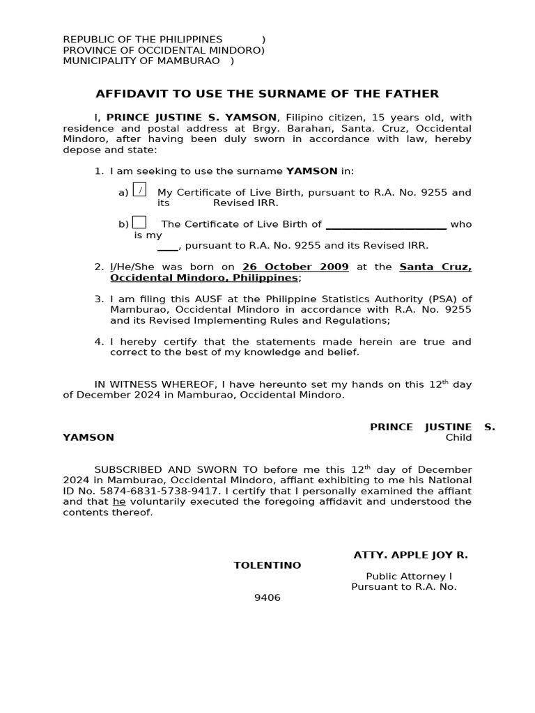 Affidavit To Use The Surname of The Father STC. Bata Ang Mag Execute ...