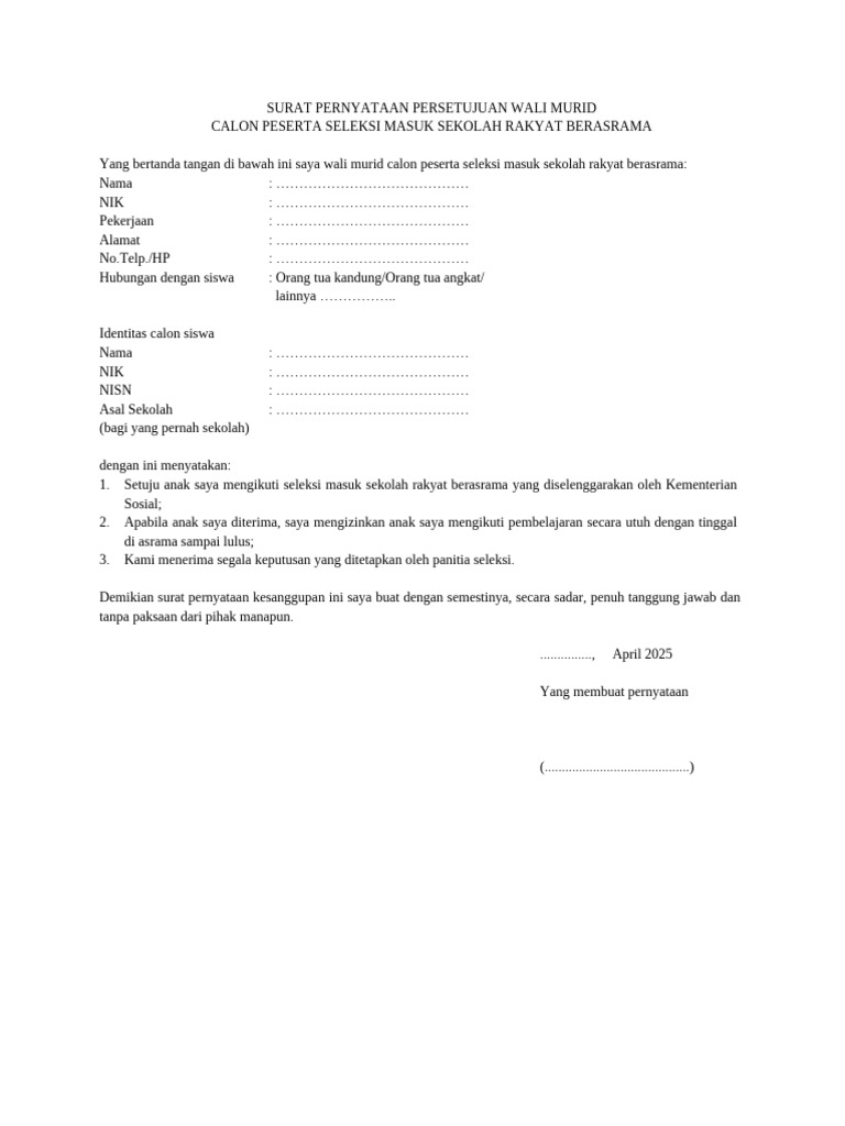 Draft Surat Pernyataan Orangtua Sekolah Rakyat | PDF