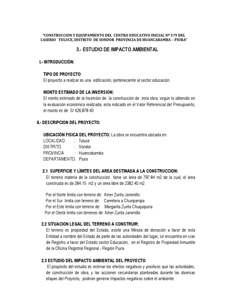 Estudio de Impacto Ambiental del Proyecto Educativo | PDF | Evaluación ...