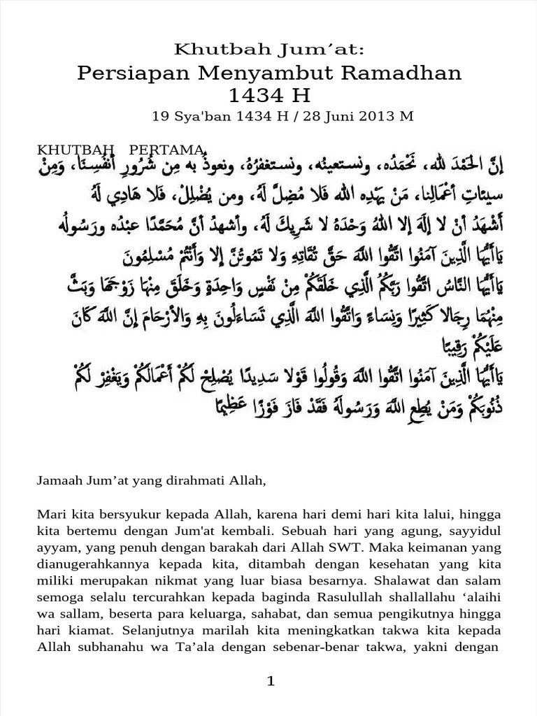 Khutbah Jum'at: Persiapan Ramadhan 1434 H | PDF