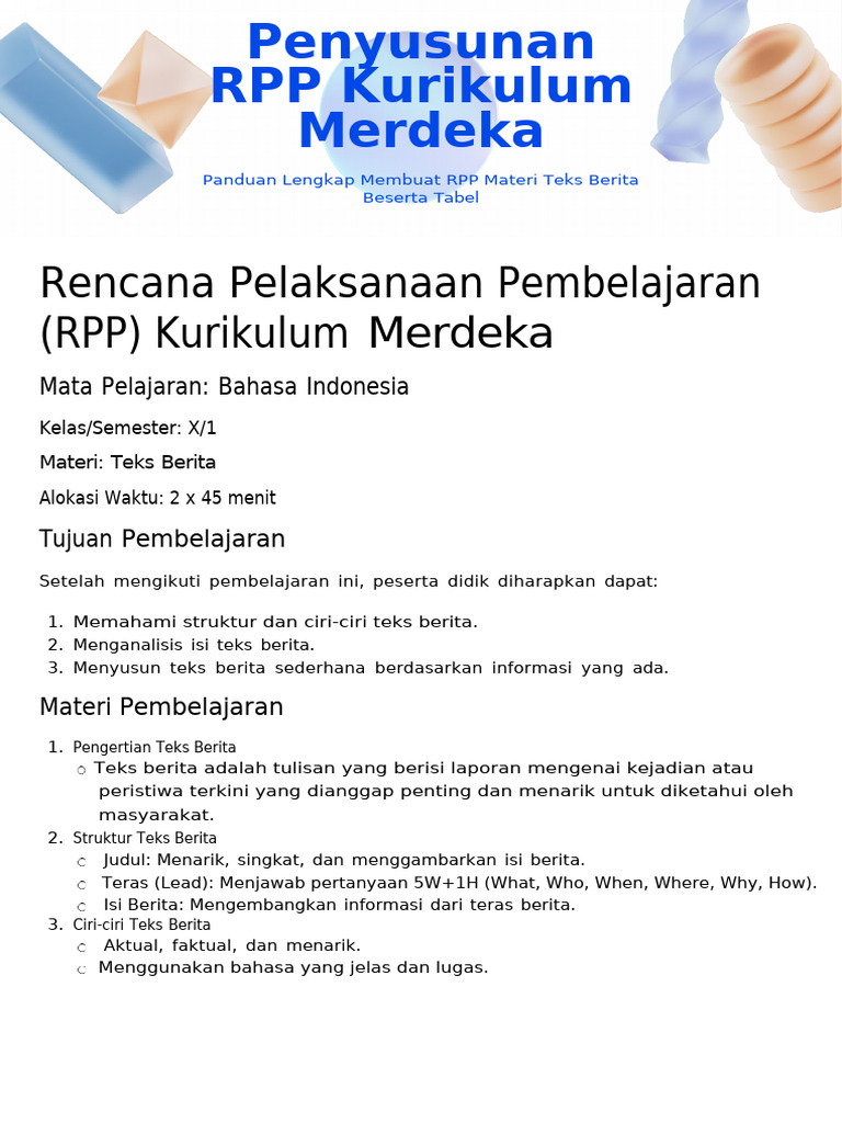 RPP Teks Berita Kelas X Kurikulum Merdeka | PDF
