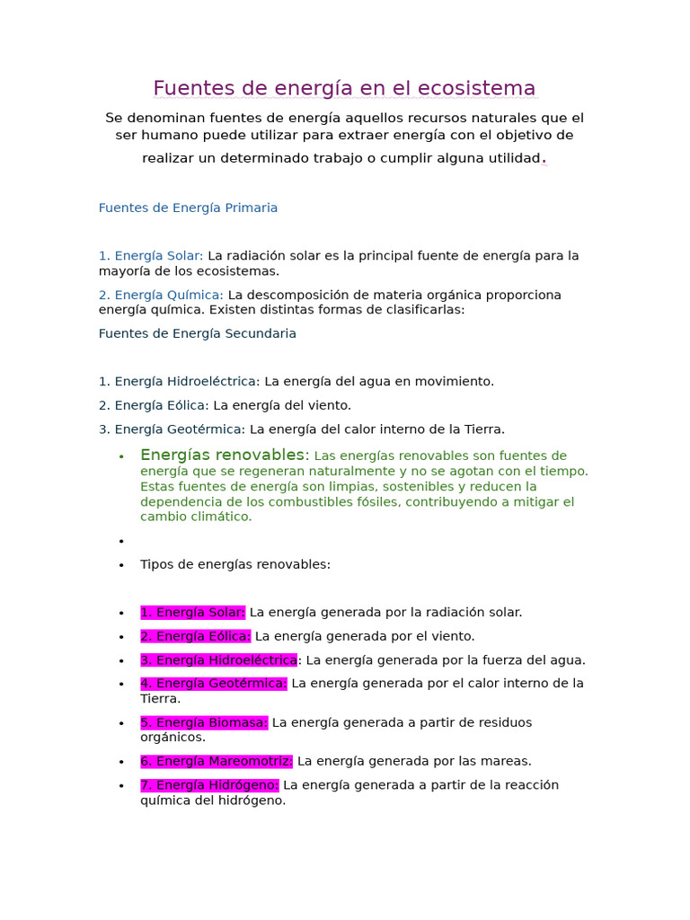 Fuentes de Energía en El Ecosistema | PDF | Energía renovable | Naturaleza