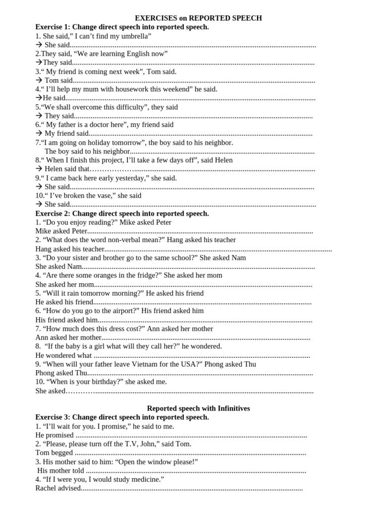 Reported Speech Exercises Workbook | PDF