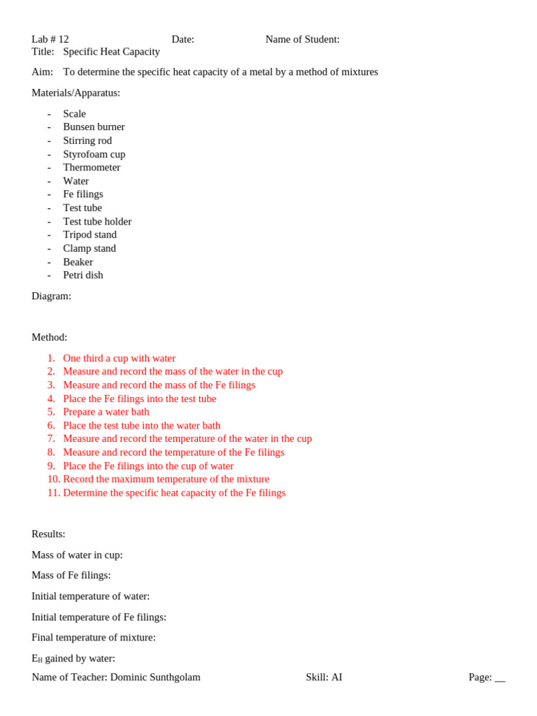 Lab 12 Specific Heat Capacity Pdf Temperature Heat