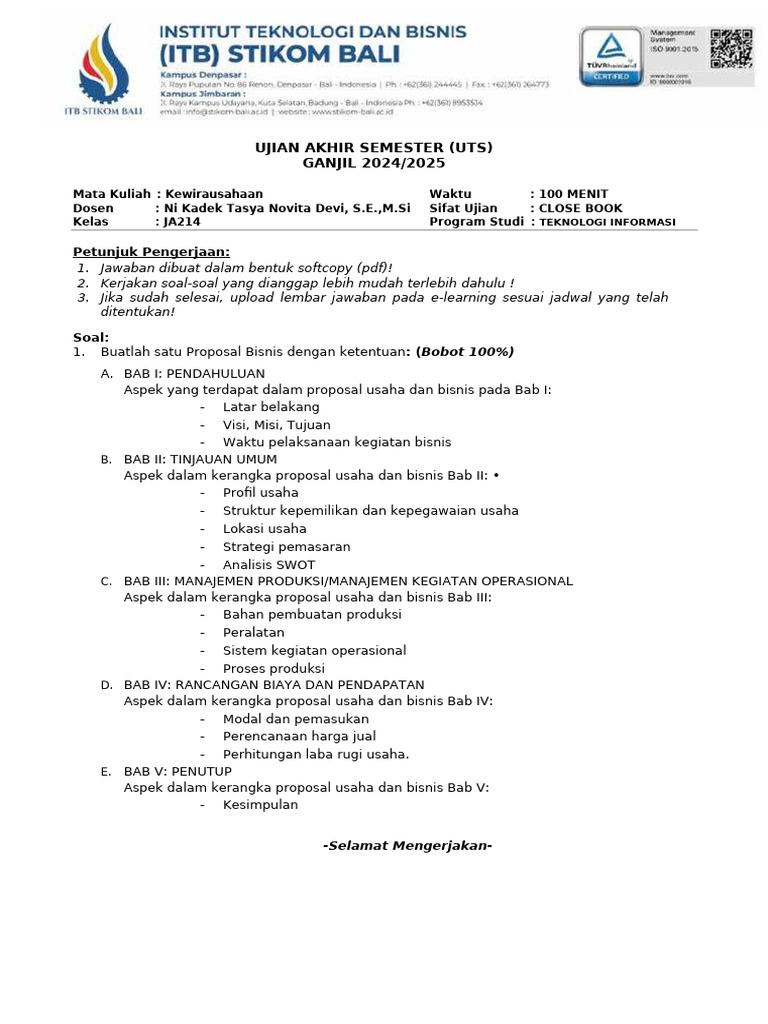UTS Kewirausahaan: Proposal Bisnis 2024 | PDF