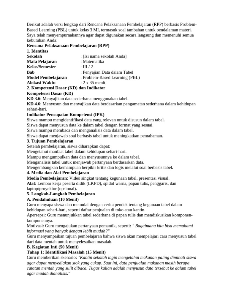 RPP PBL Matematika Kelas 3 MI | PDF