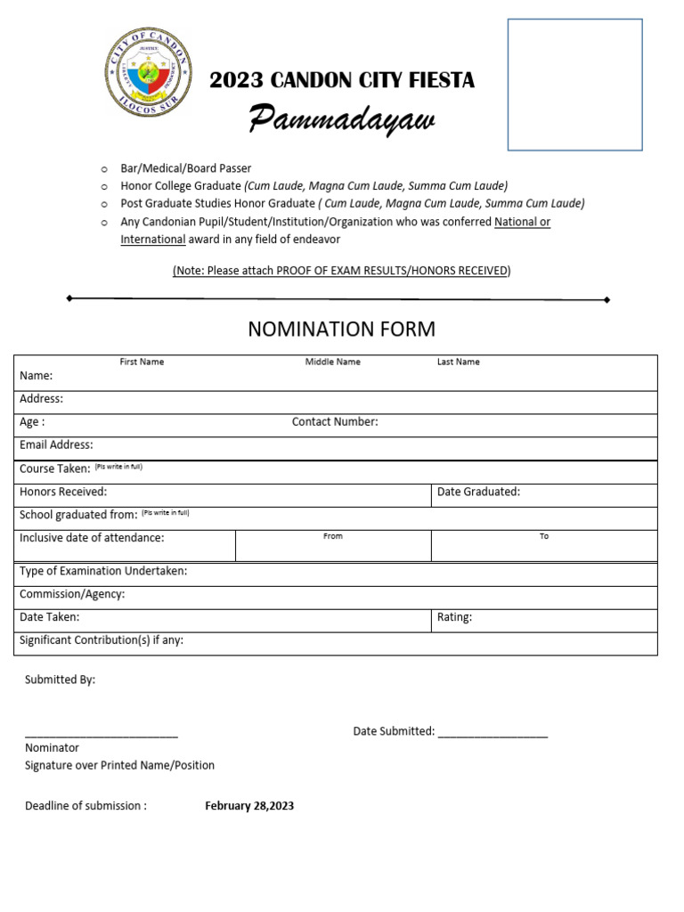 Candon City Fiesta Nomination Form | PDF