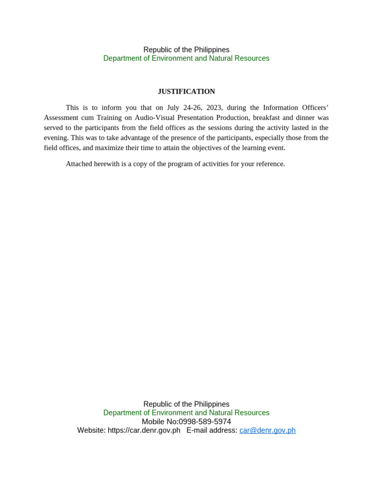DENR Training Event Meal Justification | PDF
