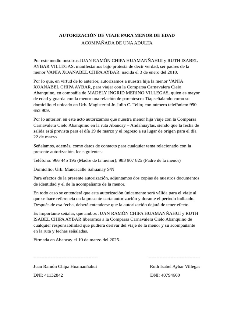 Autorización de Viaje para Menor de Edad | PDF