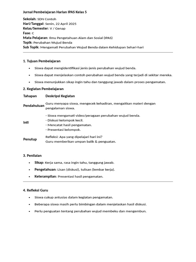 Jurnal Pembelajaran Harian Ipas Kelas 5 Pdf