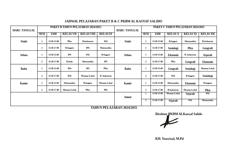 Jadwal Pelajaran PKBM | PDF