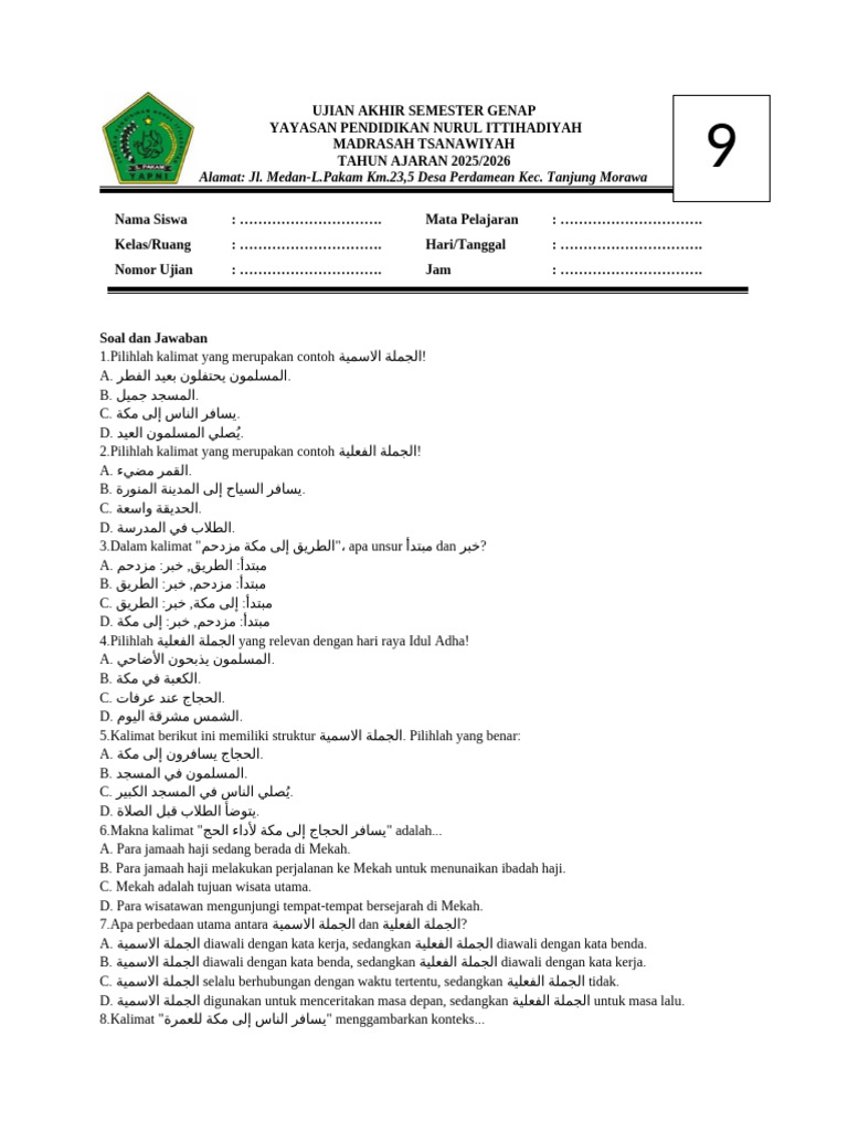 Soal Bahasa Arab Kelas 9 | PDF