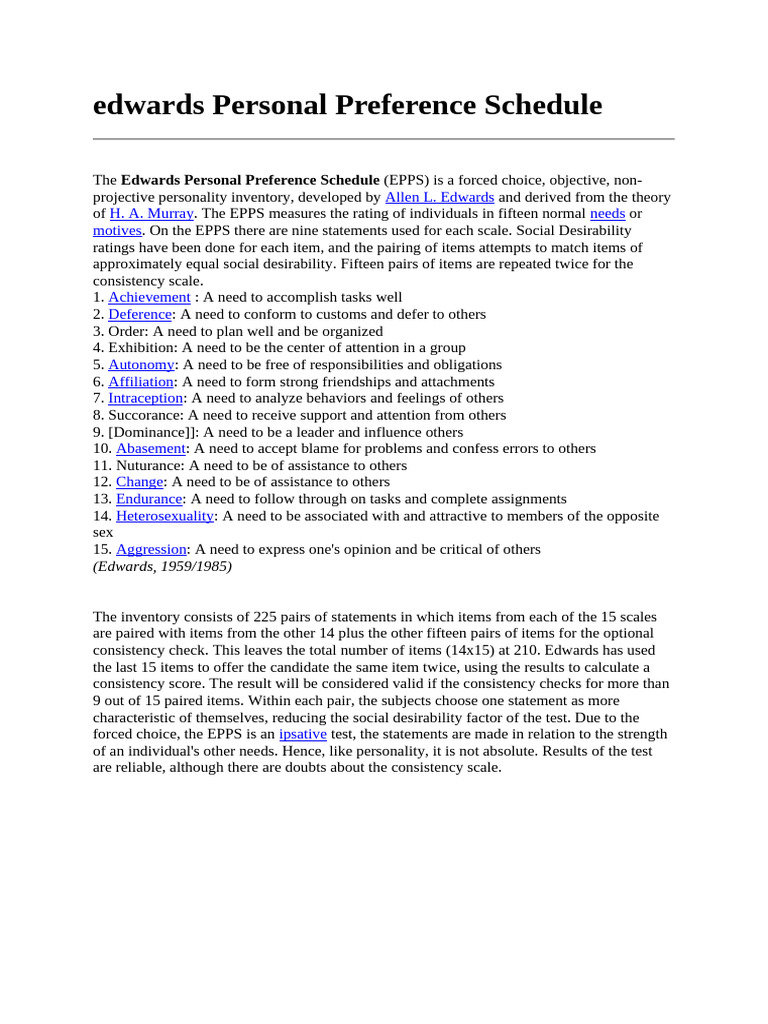 Edwards Personal Preference Schedule Overview | PDF