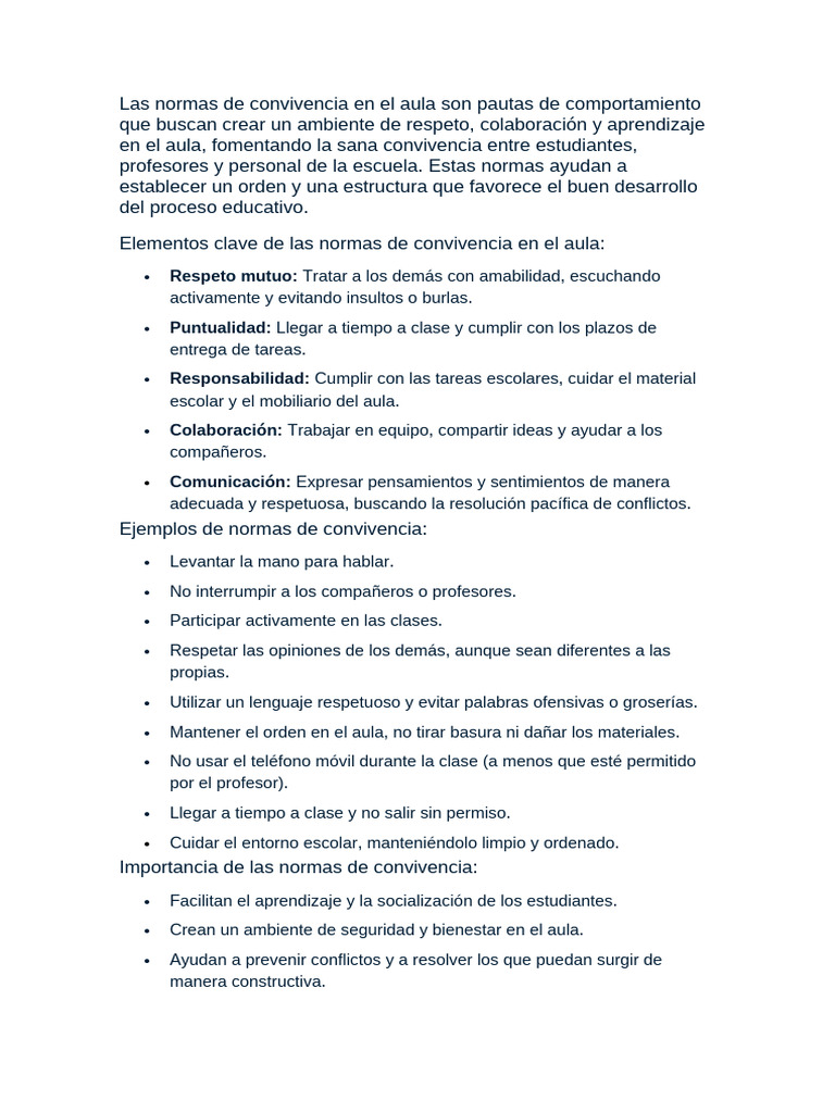 Normas de Convivencia en el Aula | PDF