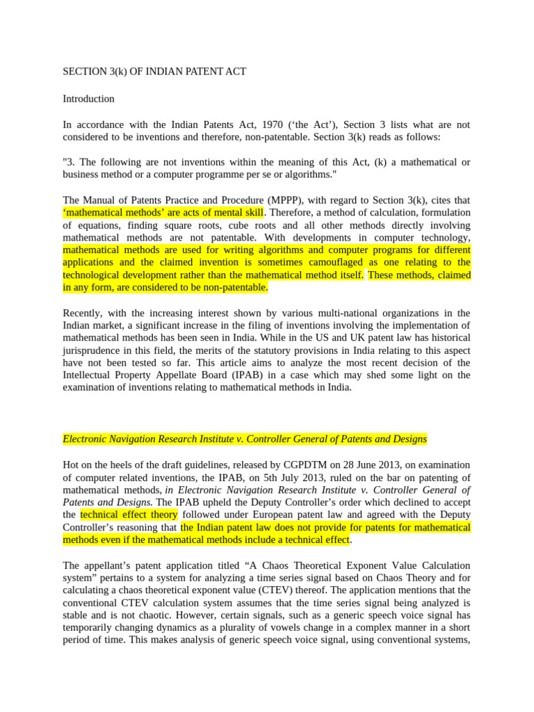 Section 3(k) of Indian Patent Act Explained | PDF | Prior Art | Patent