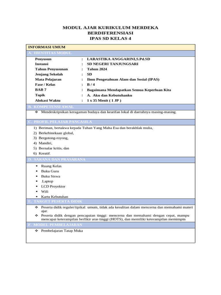 Modul Ajar IPAS Kelas 4 SD 2024 | PDF