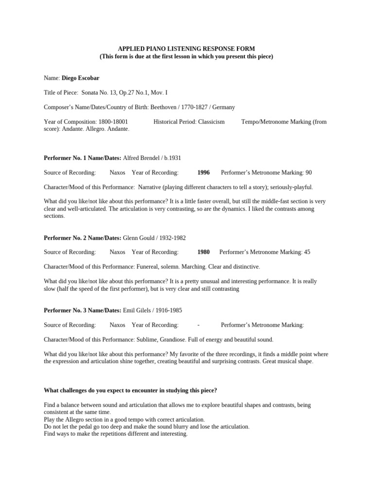 Applied Piano Listening Response Form | PDF