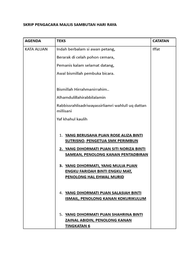 Skrip Majlis Sambutan Aidilfitri 2025 | PDF