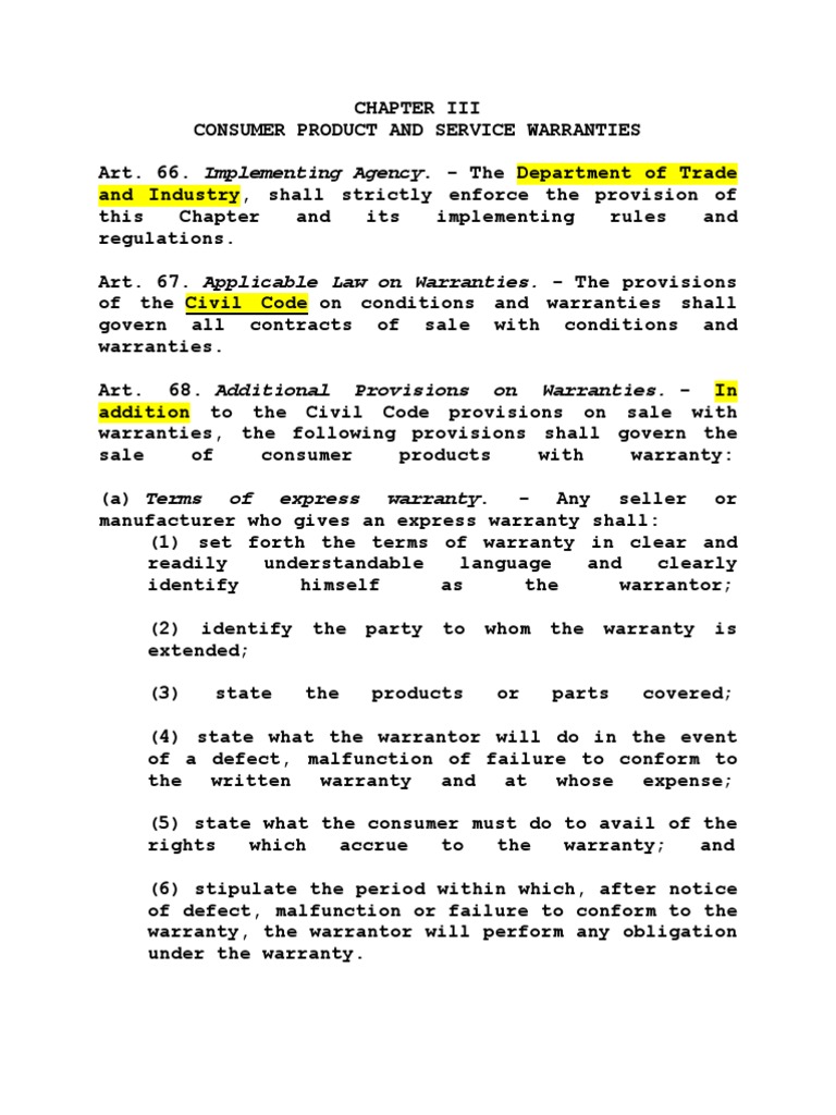Warranties Consumer Act of The Phils PDF Implied Warranty Guarantee