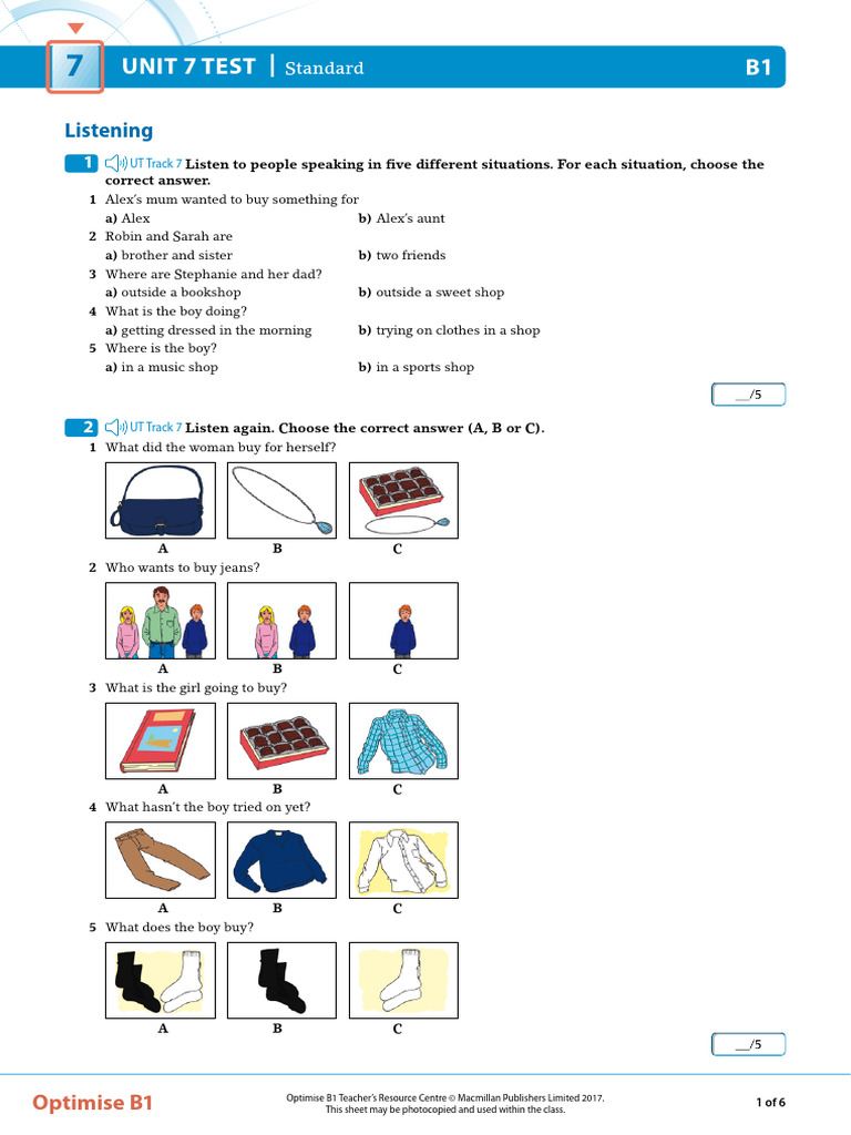 OPT B1 Unit Test 7 Standard | PDF | Clothing