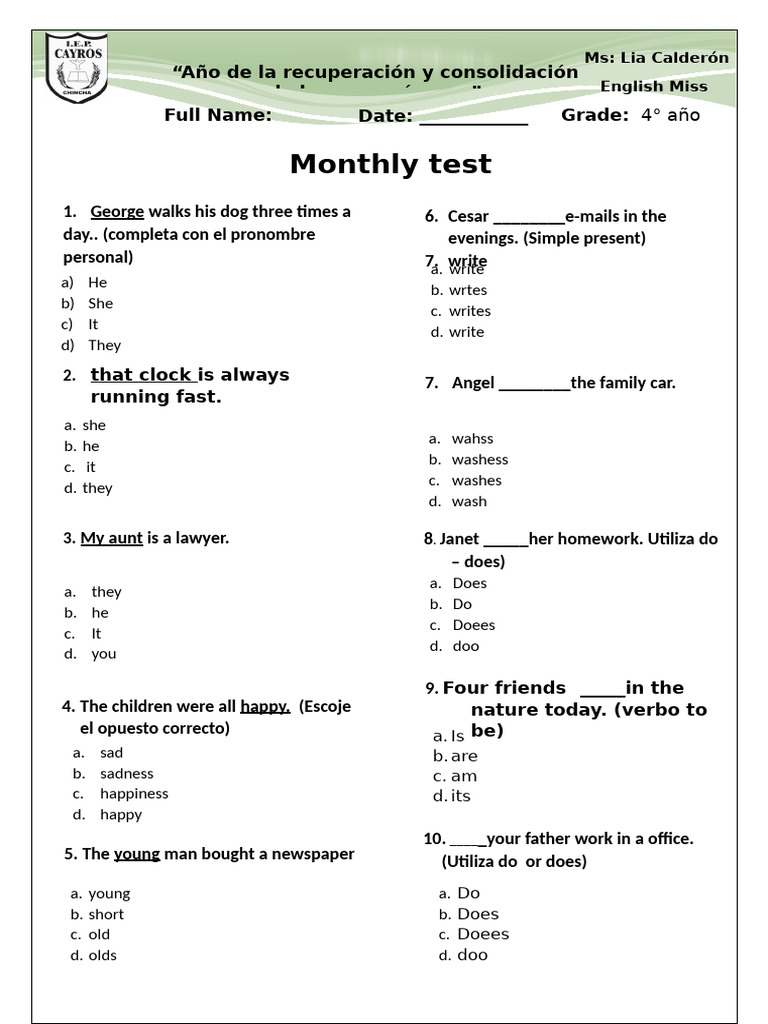 Monthly English Test for 4th Grade | PDF