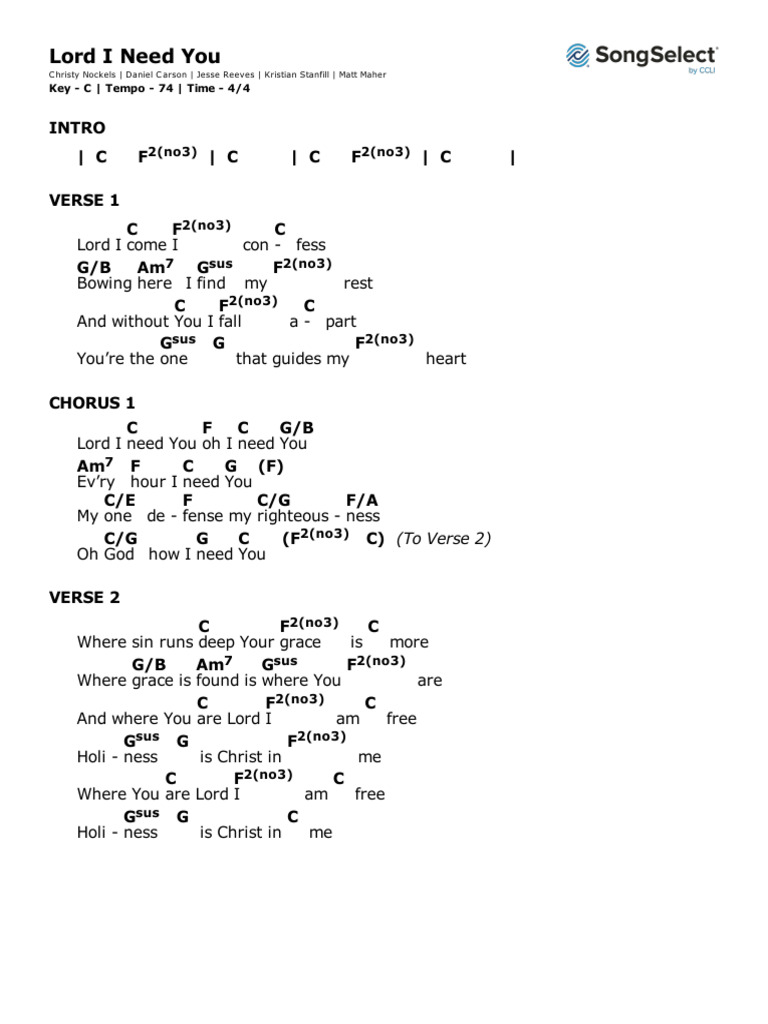 Lord I Need You - Sheet Music in C | PDF | Christian Belief And ...