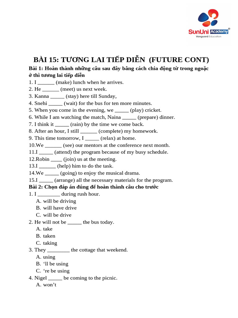Future Continuous Tense Exercises | PDF