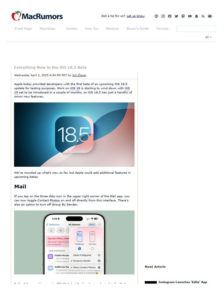 Everything New in The iOS 18.5 Beta - MacRumors | PDF | Ios | I Phone