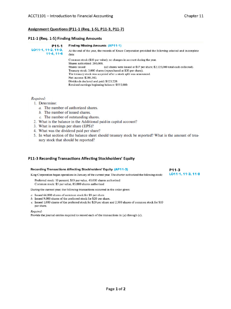Financial Accounting Chapter 11 Assignments | PDF | Treasury Stock ...
