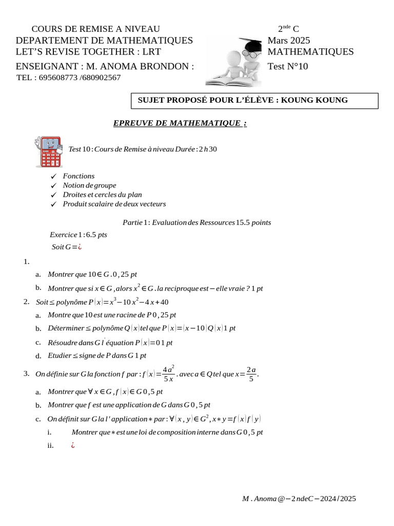 Test de Maths 2nde C - Remise à Niveau | PDF | Algèbre | Mathématiques