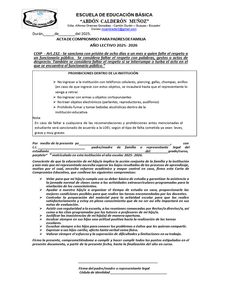Acta de Compromiso para Padres 2025 | PDF | Escuelas